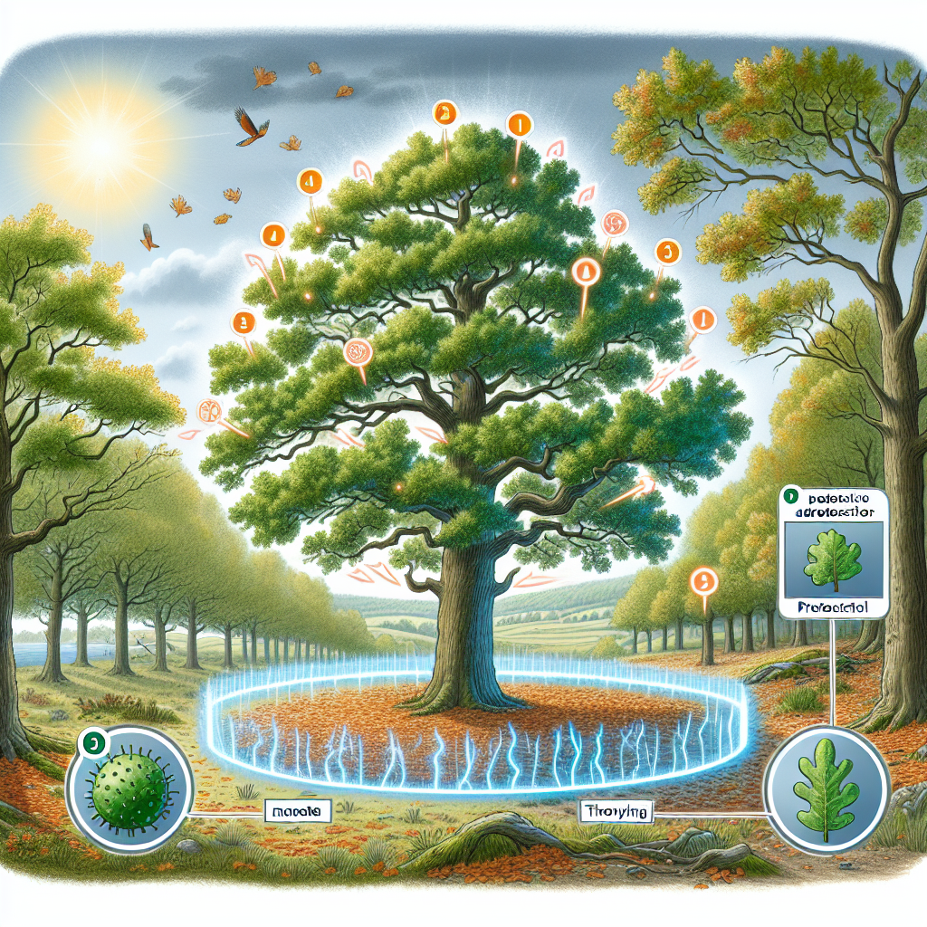 An illustrated educational scene showing Oak trees set in a serene woodland area. Dotted around the trees are signs of a protective barrier, indicating measures to guard them against Oak Wilt Disease. The protective barrier can be represented as a moat around the trunk or a throbbing, glowing energy shield. The depictions should merge well with the natural setting without disrupting its tranquility. The ground is scattered with fallen autumn leaves, adding to the rich tapestry of nature's colors. The sky is clear, symbolizing a hopeful future for these trees.