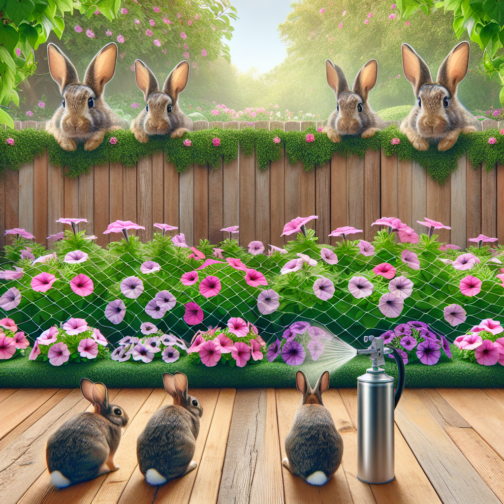 An interesting scene showcasing a tranquil garden filled with blooming petunias in various colors, a few cute rabbits peering in from beyond the secure fence which is covered in a nondescript deterrent, perhaps some kind of harmless natural spray or a row of natural predator decoys. The line of defense for petunias must clearly suggest innovation, while still looking aesthetic in the garden setting. No people, brand names, logos or text should be included within the image composition.