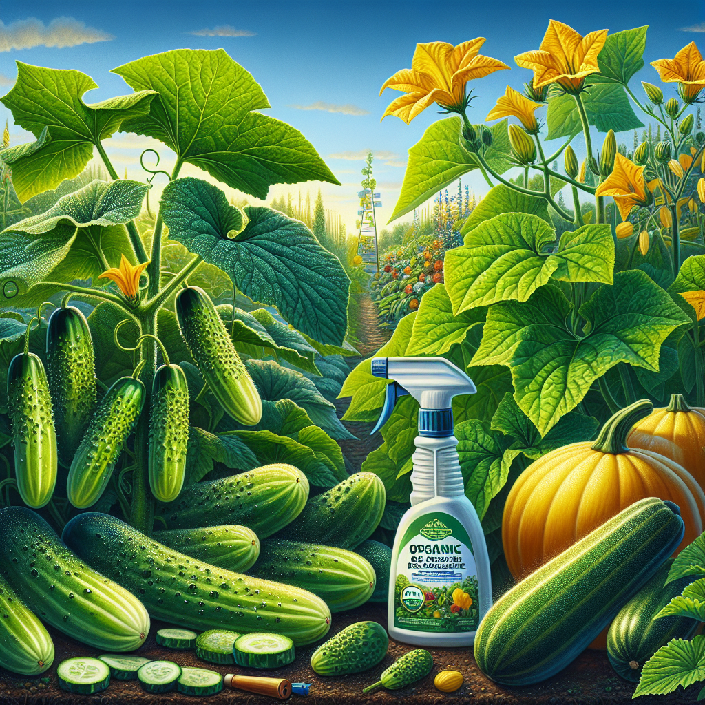 A vivid scene of a vegetable garden full of healthy cucumbers and squash plants. The plants, with their broad, green and dew-dotted leaves, are visibly pest and disease-free, symbolizing the prevention of Downy Mildew. In the foreground, the viewer can see a cucumber plant with crisp, medium green fruits hanging from its vine. Next to it is a summer squash plant, its bright yellow fruits contrasting with the plant's darker leaves. Not far off is a spray bottle filled with organic bio-pesticide, subtly hinting towards the process of disease prevention. Not a single text, brand name, logo, or person is present in the graphic, respecting the request for anonymity.