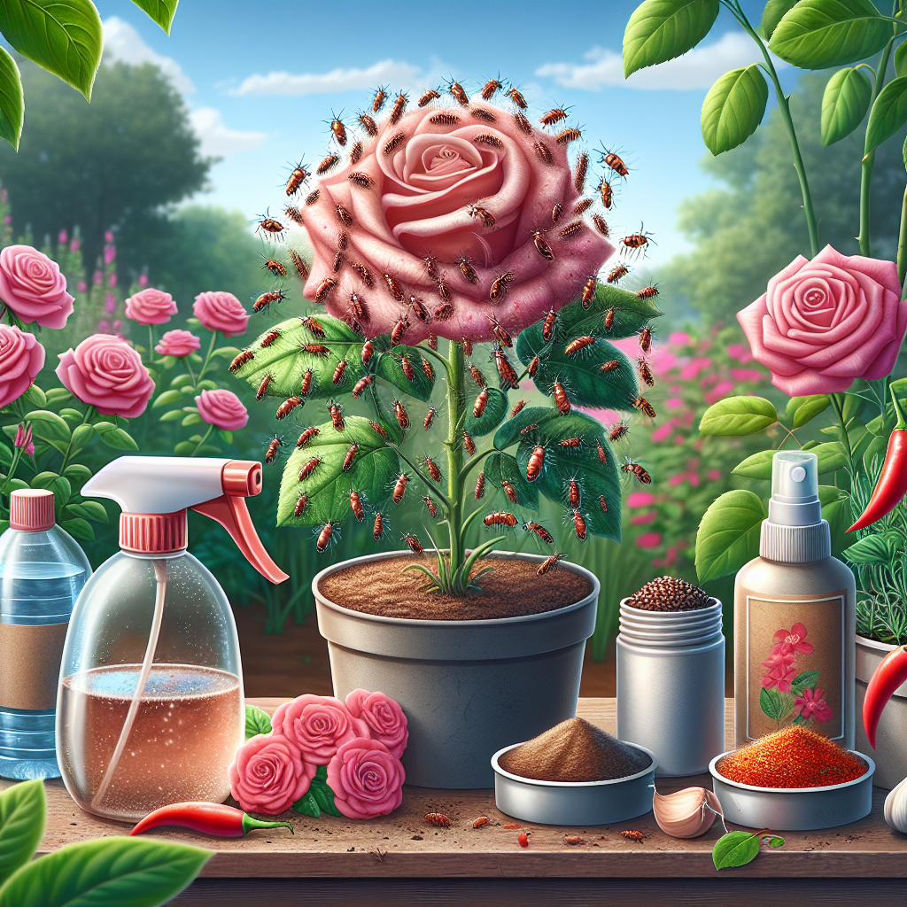 An image showcasing a variety of natural remedies to protect rose plants from aphids. On the left side, visualize a swarm of aphids trying to infest a dusty pink rose bush. In the middle, show different remedies, like a spray bottle filled with a mix of water and mild detergent, a small container of crushed garlic cloves, and another of chilies. On the right, a healthy, vibrant red rose plant that is free from pests. The setting is a lush garden during the daylight with clear blue skies. No humans, text, brand names, or logos are present in the scene.