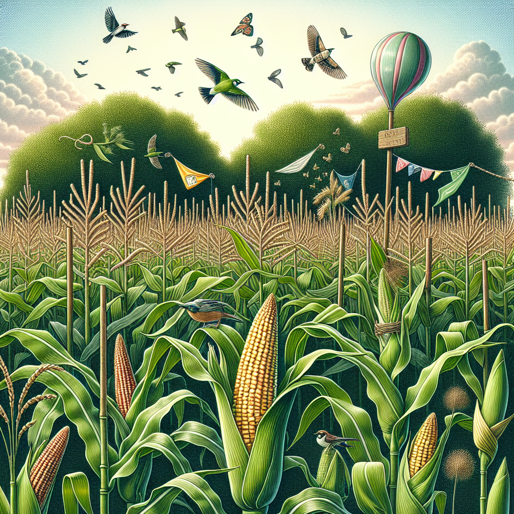 A detailed and colorful illustration showing a cornfield under a bright summer sky. Vast stretches of green stalks of sweet corn line the field. Among the plants, a few notable sweet corn ears are visible, covered by their husks. Nearby, we can see a line of homemade deterrents against earworms, such as a bird scare balloon and reflective ribbons tied to the top of the cornstalks, blowing softly in the breeze. Natural predators like birds are also part of the scene, hunting for earworms. No humans, text or logos are present in the image.