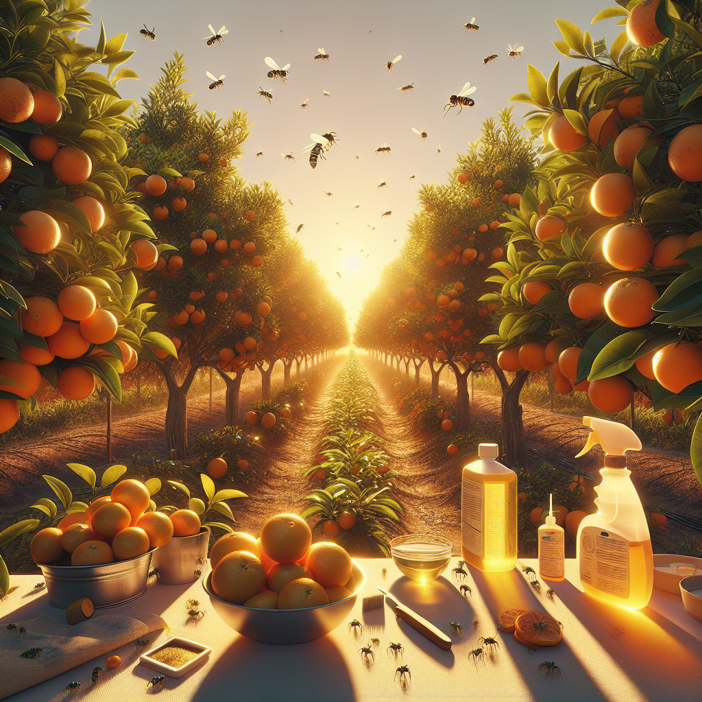 Visualize a citrus orchard bathed in the golden rays of a setting sun, the orange trees lusciously laden with ripe, bright oranges. Spot some trees exhibiting signs of scale insect infestation, as seen by a cluster of tiny, shield-shaped pests attached to branches and fruits. Nearby, some eco-friendly remedies for the infestation are subtly hinted at: a bowl of homemade soap solution and a handheld sprayer. Emphasize the contrast between the healthy, productive trees and the slightly dulled leaves and fruits of the infected ones to convey their threat. All of these are accentuated by the absence of human presence, highlighting the quiet, relentless battle between nature and pests.