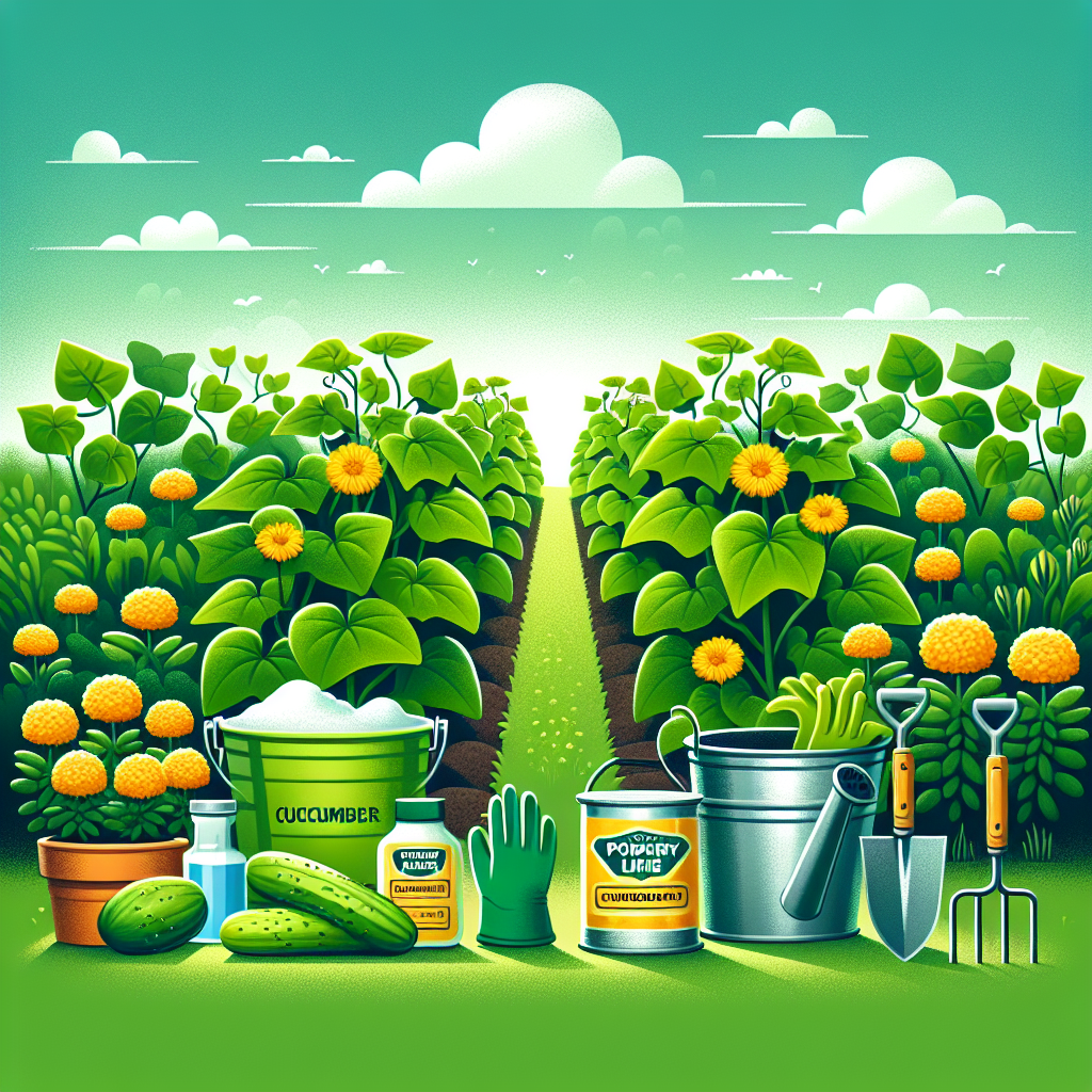 A lush, green garden scene that shows a variety of healthy plants. The main focus is on rows of thriving cucumber plants with bright green leaves and yellow flowers. Next to the cucumber plants, there are strategically placed marigold flowers as a natural pest deterrent. Nearby is a bucket of powdery lime, a pair of gloves, and a watering can, alluding to the various tools used for preventing diseases like the Cucumber Mosaic Virus. The sky is bright and clear, indicative of ideal gardening weather.