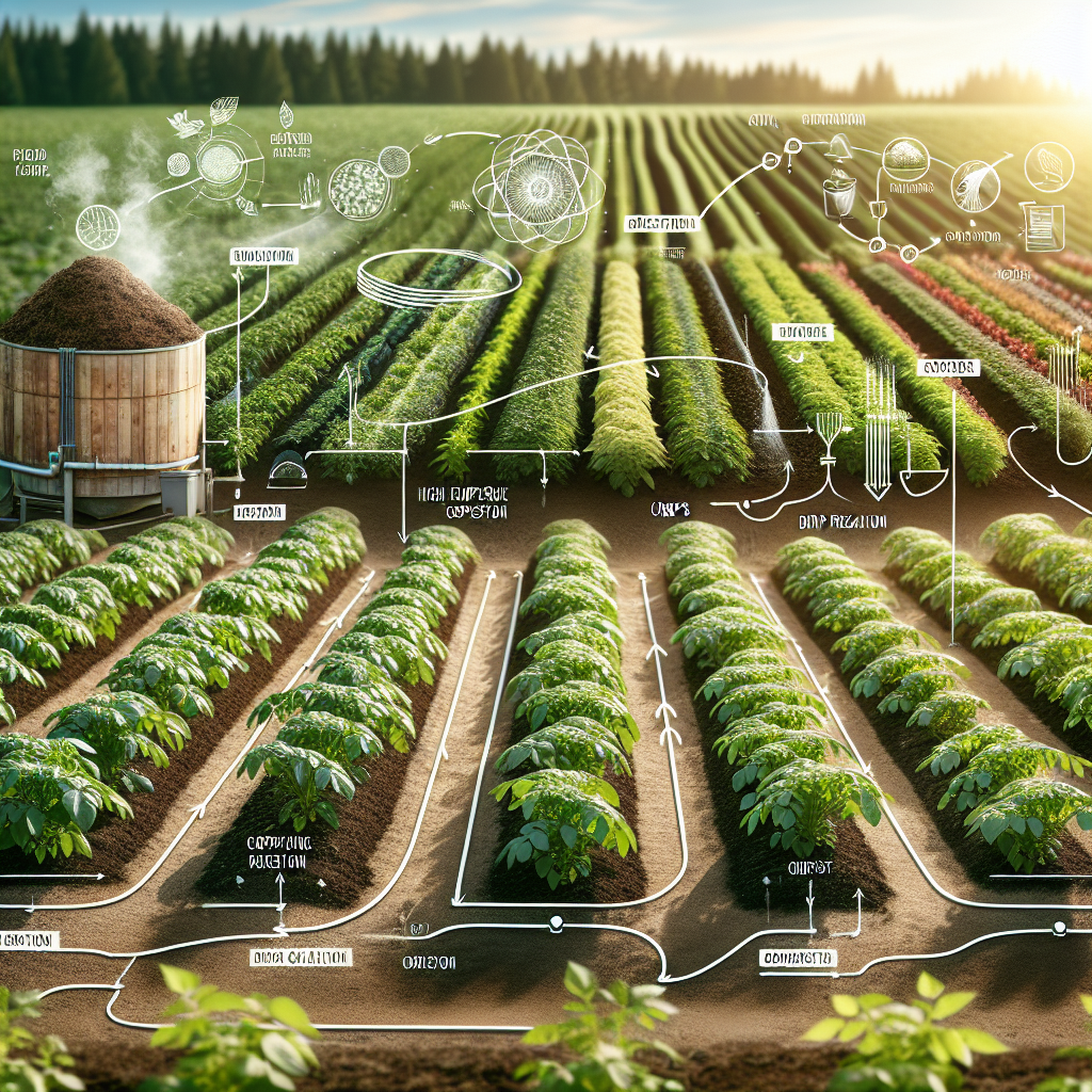 A well-tended garden showcasing healthy potato plants thriving in rows. Various strategies for blight prevention are visually represented without the inclusion of text. A bird's eye view of a crop rotation scenario is seen, where different sections show diverse crops. To the side, there is a compost pile releasing steam indicating high temperature composting. Precisely calibrated drip irrigation system is seen providing optimized watering. The absence of people along with absence of brand logos or names is evident. The image represents a serenely quiet, yet dynamic agricultural process.