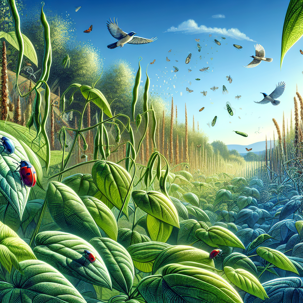 Visualize a serene and lush garden scenario with a focus on vibrant bean plants under the clear blue sky. Visible in this environment are a few leafhoppers, with their unique, minuscule yet notable form. In the scene, incorporate objects related to natural pest control methods for leafhoppers: birds soaring above the plants seeking food, as well as ladybugs prowling amongst the leaves. Artistic cues should focus on a realist style with strong attention to botanical detail, capturing the natural struggle of plants versus pests.