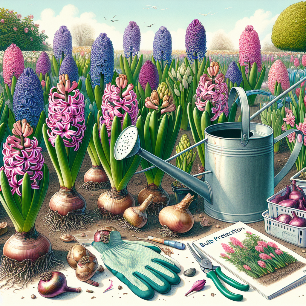 A lush garden filled with vibrant hyacinth flowers, blooming in various shades of purple and rose. Tools for plant care are dispersed thoughtfully in the scene, like a watering can with a fine rose, a pair of clean gardening gloves, and a small bag of bulb protectant. Signs of bulb rot such as yellowed leaves and browning bulbs are visible in a corner, near a booklet titled 'Pest Prevention'. The sky is clear, hinting at a warm day of diligent gardening.