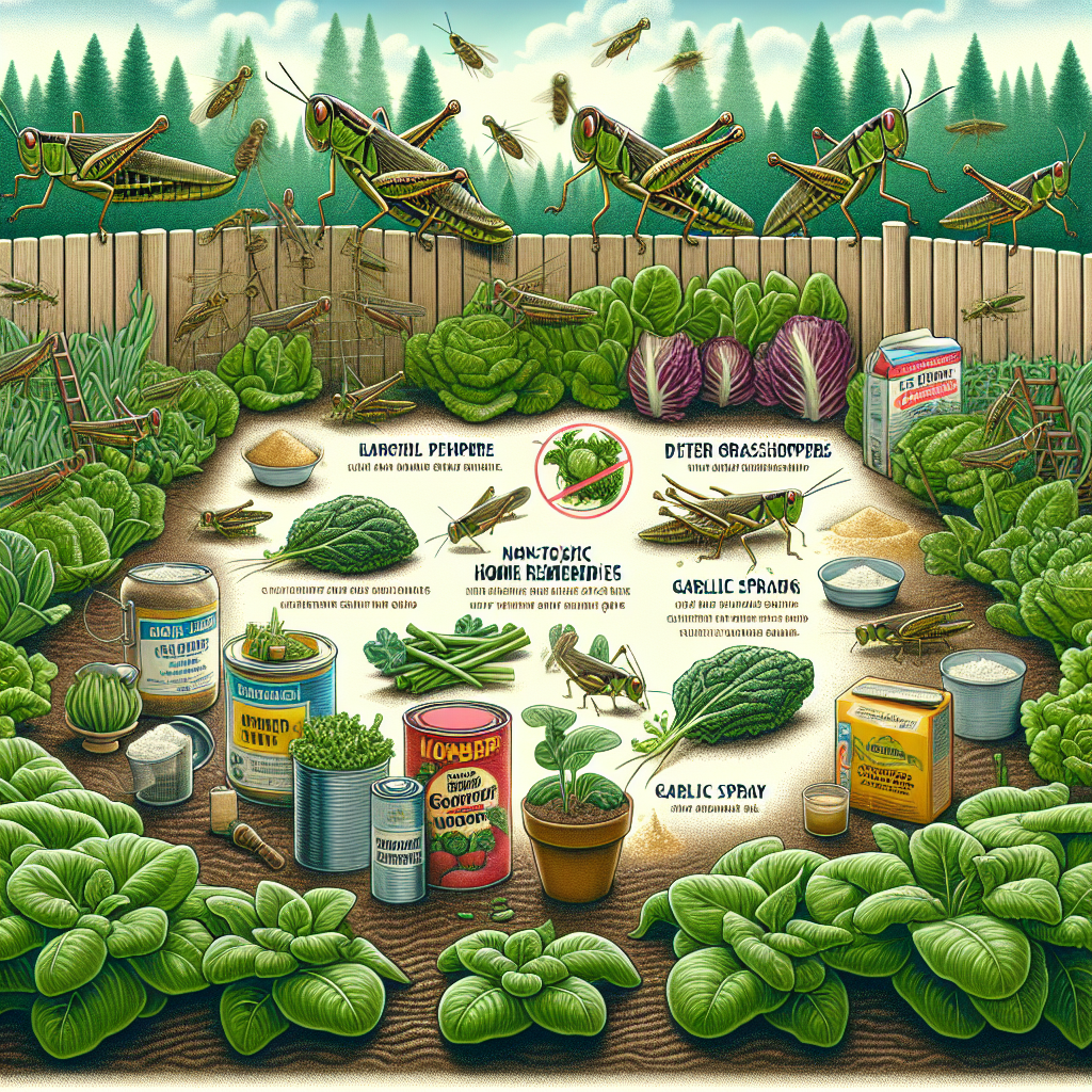 A detailed image illustrating the concept of deterring grasshoppers from devouring leafy greens. The image can include several leafy green vegetable plants such as lettuce, spinach, and kale, with some showing signs of minor grasshopper damage. There are also various non-toxic home remedies that deter grasshoppers scattered around the garden, such as garlic spray and flour. In the background, visualize a group of grasshoppers looking disappointed and moving away from the garden. The garden is enclosed by a natural fence that acts as a barrier. Remember to avoid any text, people, brand names, logos or any other identifiers.