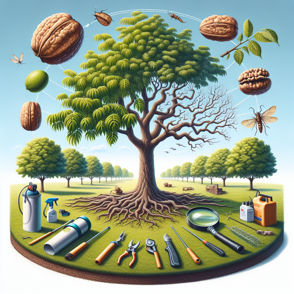 A picturesque landscape depicting healthy, robust walnut trees in the center, basking the area with their shade. Beneath one tree, a series of tools used by arborists - a spraying can, pruning shears and protective gloves - lies neatly arranged. Nearby, a magnifying glass is focused on a shrunken, diseased branch to represent the disease. Throughout the scene, there are indicators of good health versus the ravages of Thousand Cankers Disease, including a side-by-side comparison of a healthy and diseased walnut. The sky is a clear and crisp blue, indicating a favorable environment for the trees.