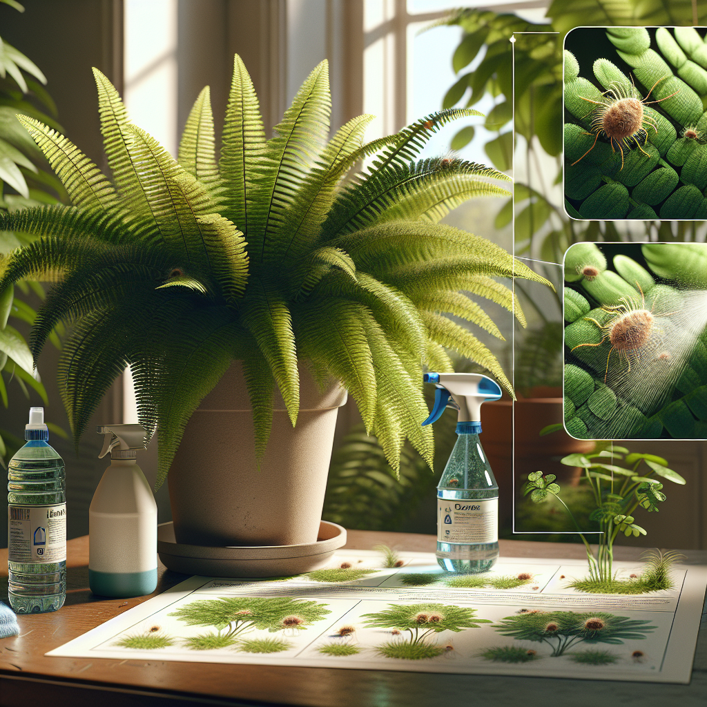 An indoor garden scene with several lush and healthy fern plants. There's a spray bottle filled with water and a few clover mites visible on some leaves. There are close up details of the leaves, showing the tiny hairs and textures. Natural light is streaming in from a window, casting warm and soft shadows around the ferns. There's an illustrated sequence that shows spraying water on a leaf with mites and the mites subsequently leaving the leaf. No people, logos, or brand names are visible in the scene. All elements are realistic and detailed.