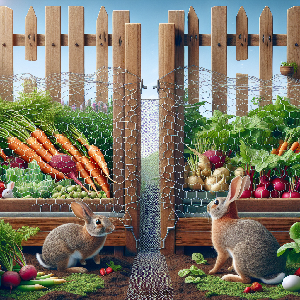 Visual representation of a thriving garden surrounded by a wooden fence with rabbit-proofing wire mesh installed at the bottom of it. The inside of the garden features a variety of root vegetables like carrots, beets, and radishes. Not far from the garden, a couple of rabbits are seen, one of them standing on its hind legs, trying to peek at the tasty veggies. The other rabbit appears to be trying to get through the fence but is stopped by the mesh wire. No people, text, or brands are displayed in the scene.