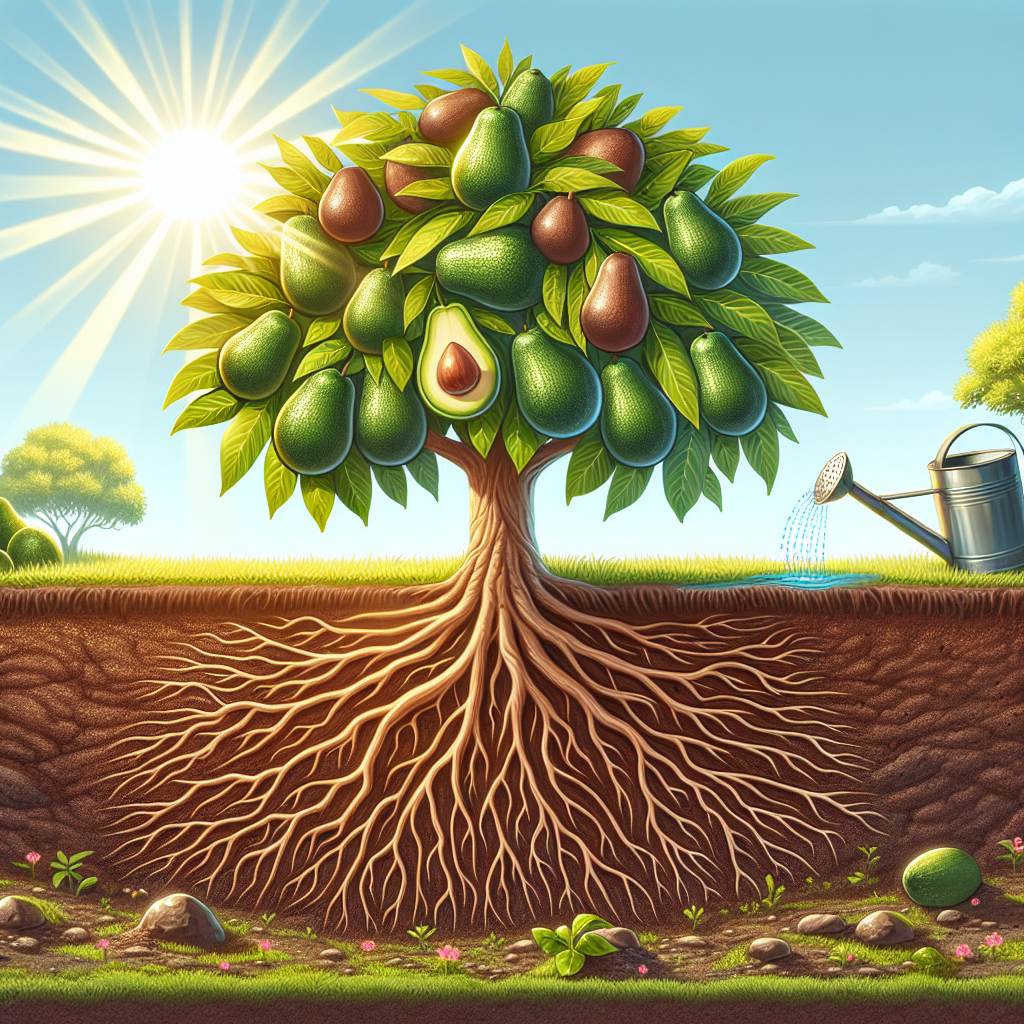 An image that depicts the prevention of root rot in avocado trees. Display a luscious, healthy avocado tree with strong roots in vibrant soil. Picturesque depiction of sun rays indicating optimal sunlight exposure and watering can nearby, to symbolize ideal watering practices. Also, clearly illustrate beneficial soil organisms that guard against root rot. No presence of people, text, brands, logos in the image.