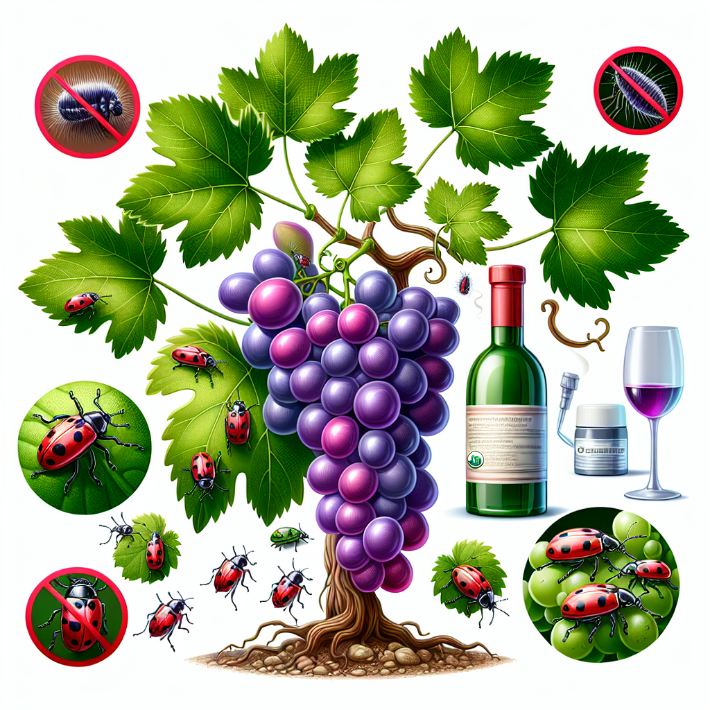 A detailed image illustrating a few methods to keep grapes free from vine weevils. The image should include elements such as a vibrant green grapevine full of juicy, purple grapes, tiny vine weevils seen lurking near the grapes, a selection of organic and natural treatments positioned close to the vine, suggesting their use in pest control, and images of beneficial insects like ladybugs seen near the vine, hinting at the use of biological control methods. No text, people, or branded items to be included in the visual representation.