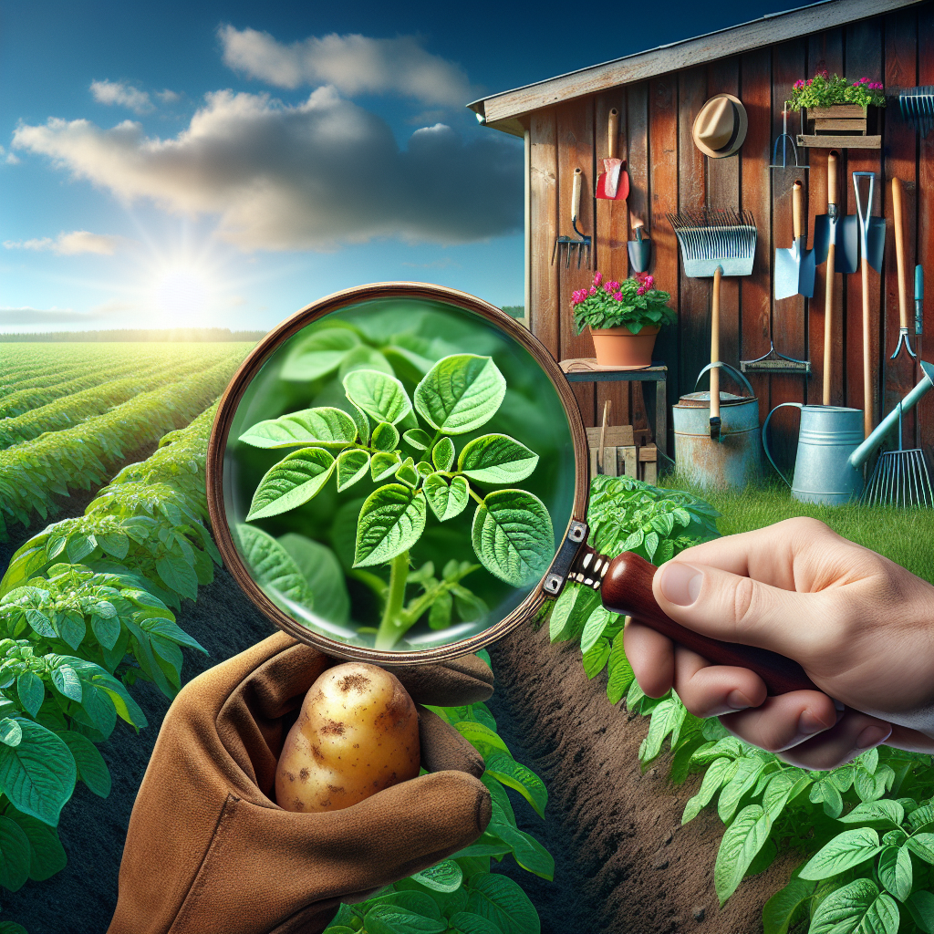 A healthy, lush potato field under a bright sunny day, with leaves gently rustling in the breeze. Nearby, a garden shed with a selection of farming tools such as a watering can, rake, and a garden hoe neatly arranged against its wall. In the foreground, a magnifying glass held by an invisible hand is inspecting a potato leaf for signs of blight. The sky is mostly clear with a few drifting clouds to add depth. Please avoid including any brand names, logos, people, or text within the image.