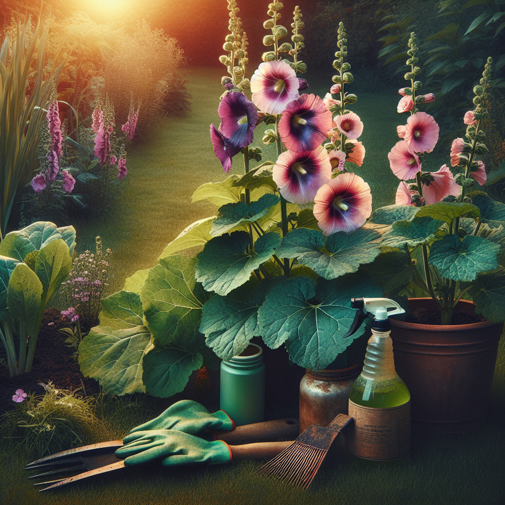 An alluring garden scene showcasing healthy hollyhocks with various hues of purple, pink and white. Lush green leaves gently rustle in an unseen breeze. Carefully placed near the plants are organic treatment aids such as a spray bottle of home-made rust disease solution, a pair of garden gloves, and a small, unbranded rake. The image takes on the golden glow of a setting sun, creating a peaceful, yet proactive atmosphere, indicative of the battle against the rust disease.
