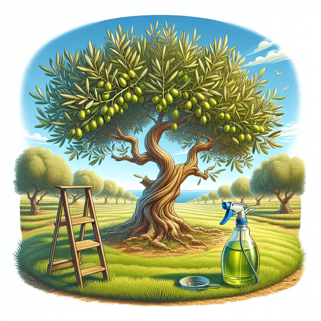 Illustrate a detailed image showcasing an olive tree with a healthy, vibrant appearance. It's situated in a sunny, Mediterranean-style orchard with its twisted trunk and pointed leaves on display. Nearby, a spray bottle containing a natural insecticide stands at ready, hinting at the defense mechanism used for protection from pest invasion. The grassy field surrounding the olive tree is well-maintained, and a simple wooden ladder leans against the tree's trunk, suggesting routine care and checkup procedures. The sky above is a clear, bright blue, showcasing a peaceful, serene setting. Note that no people or brand names or logos should be included in this image.