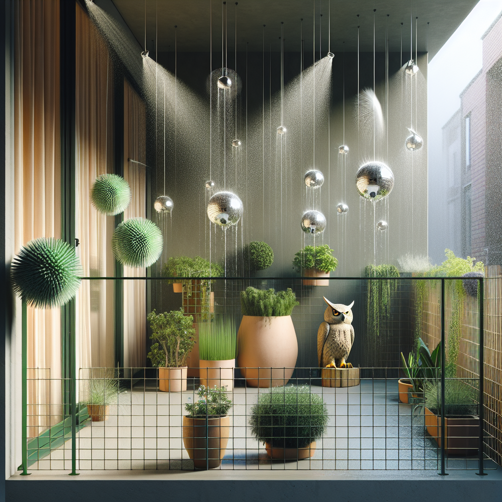 A minimalist balcony adorned with a variety of green plants in terracotta pots. Sprays of water from thin, nearly invisible, sprinkler systems are misting the area creating a halo of droplets caught mid-air. A spiky barrier made of harmless plastic rests around the balcony railing, making it difficult for pigeons to perch. There are also reflective discs hanging from the overhang, spinning gently and casting changing patterns of reflective light in the space. A realistic owl statue with piercing yellow eyes is strategically perched on one corner, simultaneously standing guard and adding to the decor. There are no people, text, brand names or logos in the scene.