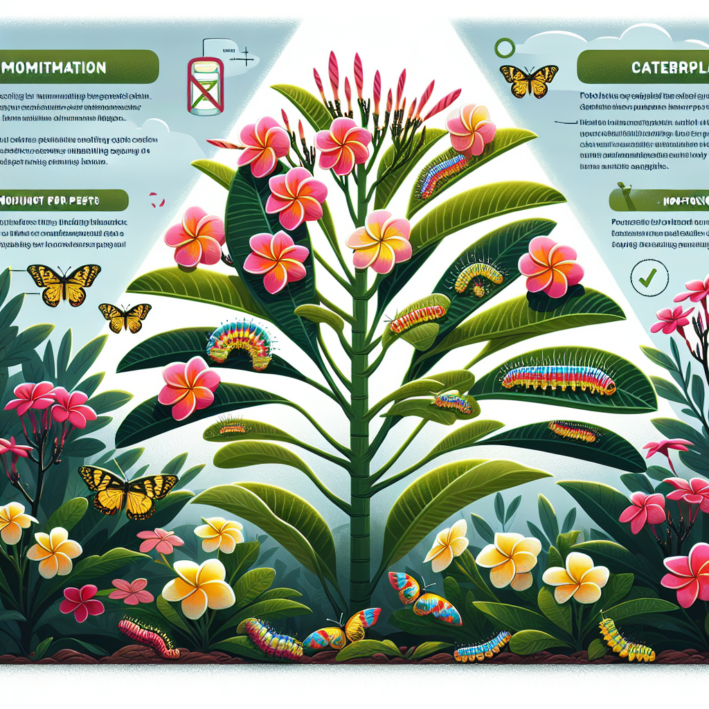 An illustrated guide to protecting plumeria, also known as frangipani, from pests. Spotlight on the potential threat posed by plumeria-loving caterpillars. The setting is a lush garden filled with beautiful multicolored plumeria flowers in full bloom. Various stages of caterpillar infestation are shown, from healthy leaves to those with clear signs of damage or munching. Illustrate, without showing people, the process of monitoring for pests and non-toxic methods to deter these caterpillars, such as natural repellents or traps. Make sure to avoid using any text, brands, or logos in the image.