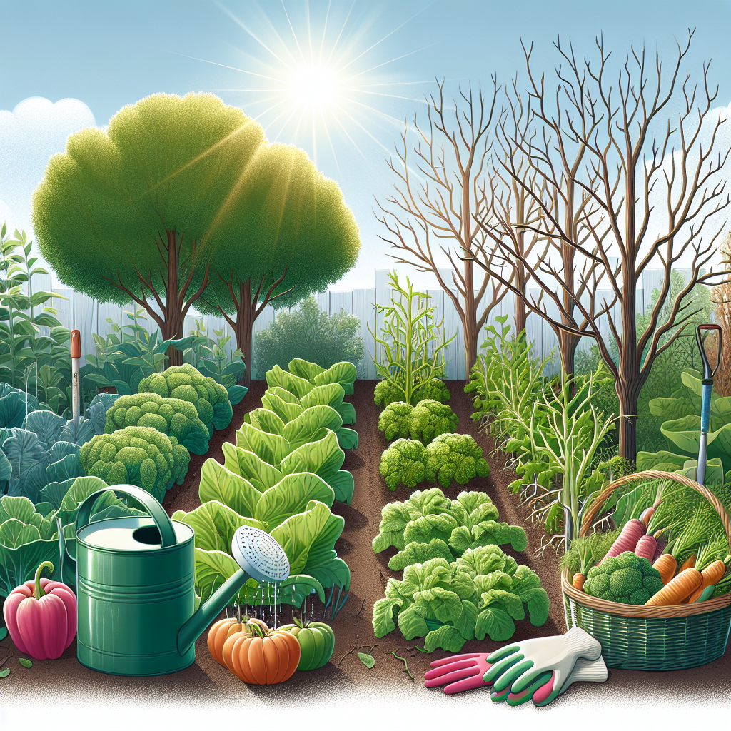 An image showing a healthy, lush vegetable garden basking in sunlight. Nearby, there are bio-degradable plant protectors, a garden sprinkling can, a pair of gloves, and a small basket of harvested vegetables. Barren branches showing signs of early blight are present outside the protected zone, indicating the contrast between protected and unprotected areas.