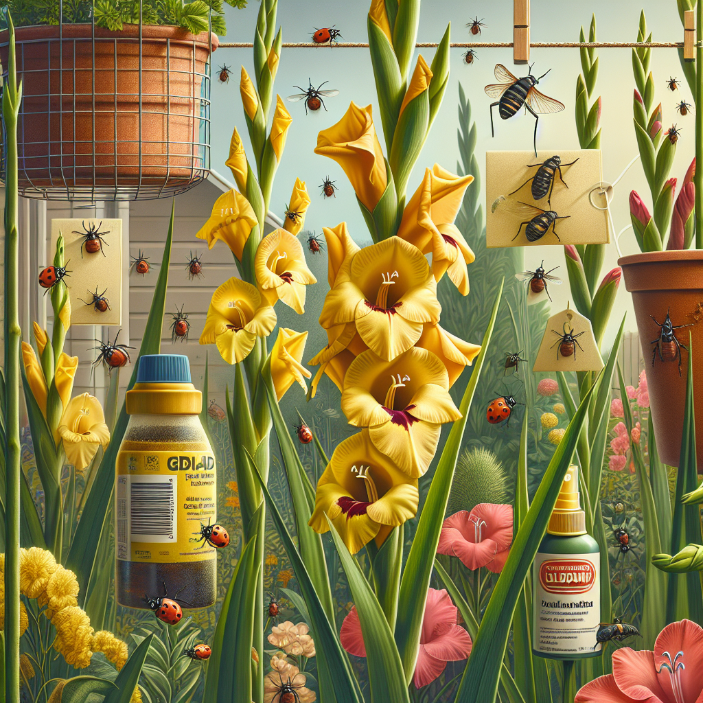 An ecological scene showcasing a variety of solutions for thrips on Gladiolus plants thriving in an outdoor setting. The image features Home-made traps constructed from yellow sticky paper hung close to the plants, the strategic placement of beneficial insects such as ladybugs, and periodic applications of sprays made from natural ingredients like garlic and neem oil. The Gladiolus flowers are bright and colorful, adding beauty to the scene. The overall tone of the image should convey a healthy, thriving garden environment devoid of any human elements or brand-related items.