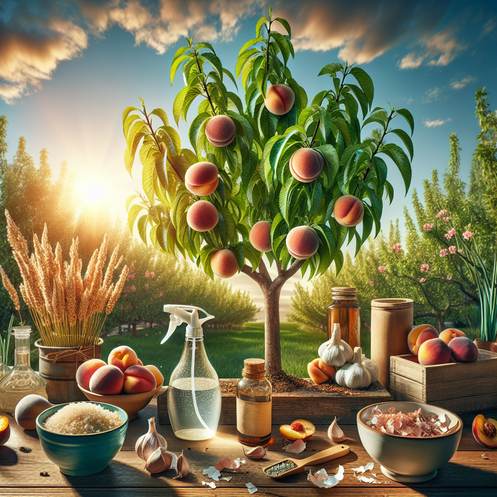 An organic home garden scene focusing on a healthy peach tree with abundant, vibrant, and curl-free leaves. In the immediate foreground, various natural remedies are gathered: a spray bottle filled with a transparent fluid, implying a homemade solution, a bowl of chopped garlic, and a pile of crushed eggshells. In the mid-ground, the peach tree stands tall, glowing under a sunny daylight with a clear blue sky backdrop. Notably, there are absolutely no brand names, logos, or people in the image.