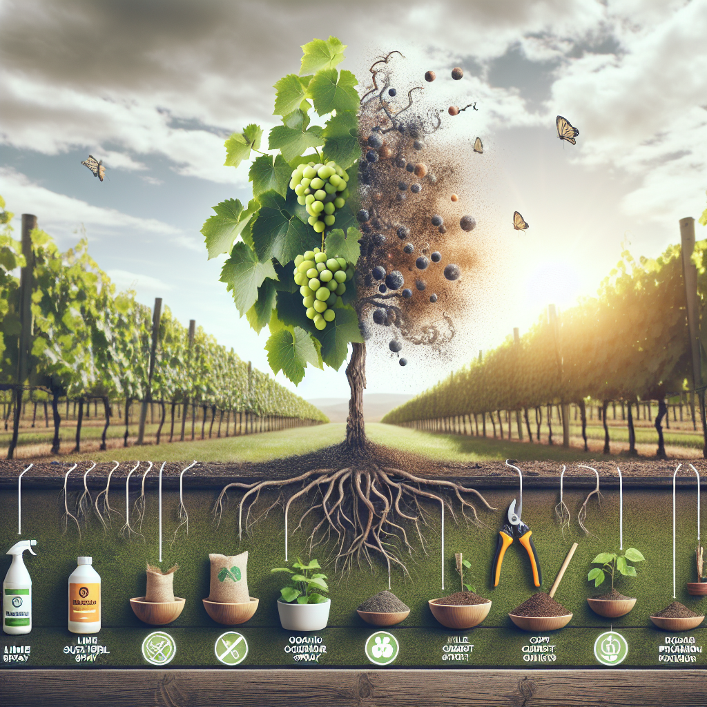 An image showcasing a healthy grapevine devoid of the black rot disease on the left, and a afflicted one on the right. Several organic and eco-friendly solutions are on display too. They include lime sulfur spray, compost mixed with fresh soil, and pruning shears, indicating the remedial process. The daylight surroundings are immersed with the beauty of a vineyard. Important: conform to all requirements specified by the asker: no humans, logos, textual cues, or brands are visible.