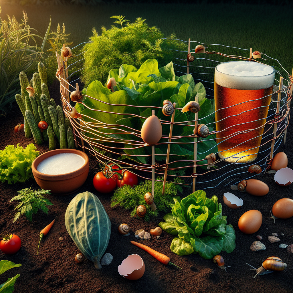 A vegetable garden is under siege by a small army of snails. The healthy, green plants such as tomatoes, lettuce, and carrots are surrounded by a makeshift barrier of crushed eggshells and copper wire. Nearby you see a bowl of beer, acting as a snail trap. Illustrate the visual subtly highlighting these defensive measures: the eggshells, copper wire, and beer trap but without including any human or brand names. The entire setting is bathed in the soft, evening light, creating long, dramatic shadows that enhance the drama of the ongoing snail-garden conflict.