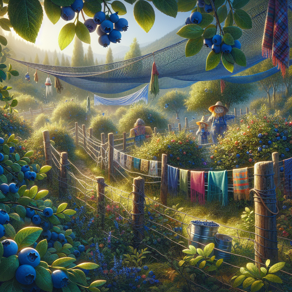 A charming rural scene during the day, featuring lush blueberry bushes flush with ripe, plump blueberries. The bushes are surrounded by various protective measures against pests, such as fine mesh nets draped overhead and sturdy chicken wire fences circling around. Fluttering gently in the wind are vibrantly colored scarves and tin cans strung on a line to scare away the fruitworms. A few scarecrows with straw hats and painted faces stand guard amidst the bushes. Sunlight filters through leaves casting dappled patterns on the dew-kissed blueberries. All devoid of any brand names, logos, text and people.