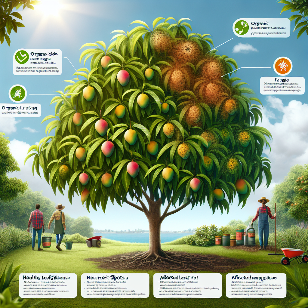 An image that visually presents information related to preventing Anthracnose Disease in Mango trees. It should include healthy, lush Mango trees in clear sunny weather. Depict signs of Anthracnose disease, such as necrotic leaf spots and fruit rot, on a separate affected tree for comparison. Also, include imagery of organic, non-branded disease management tools like natural fungicides and garden sprays. Remember not to include any brand logos, text, people or specific items with text on them in this image. The focus should remain on the healthy growing and affected trees.