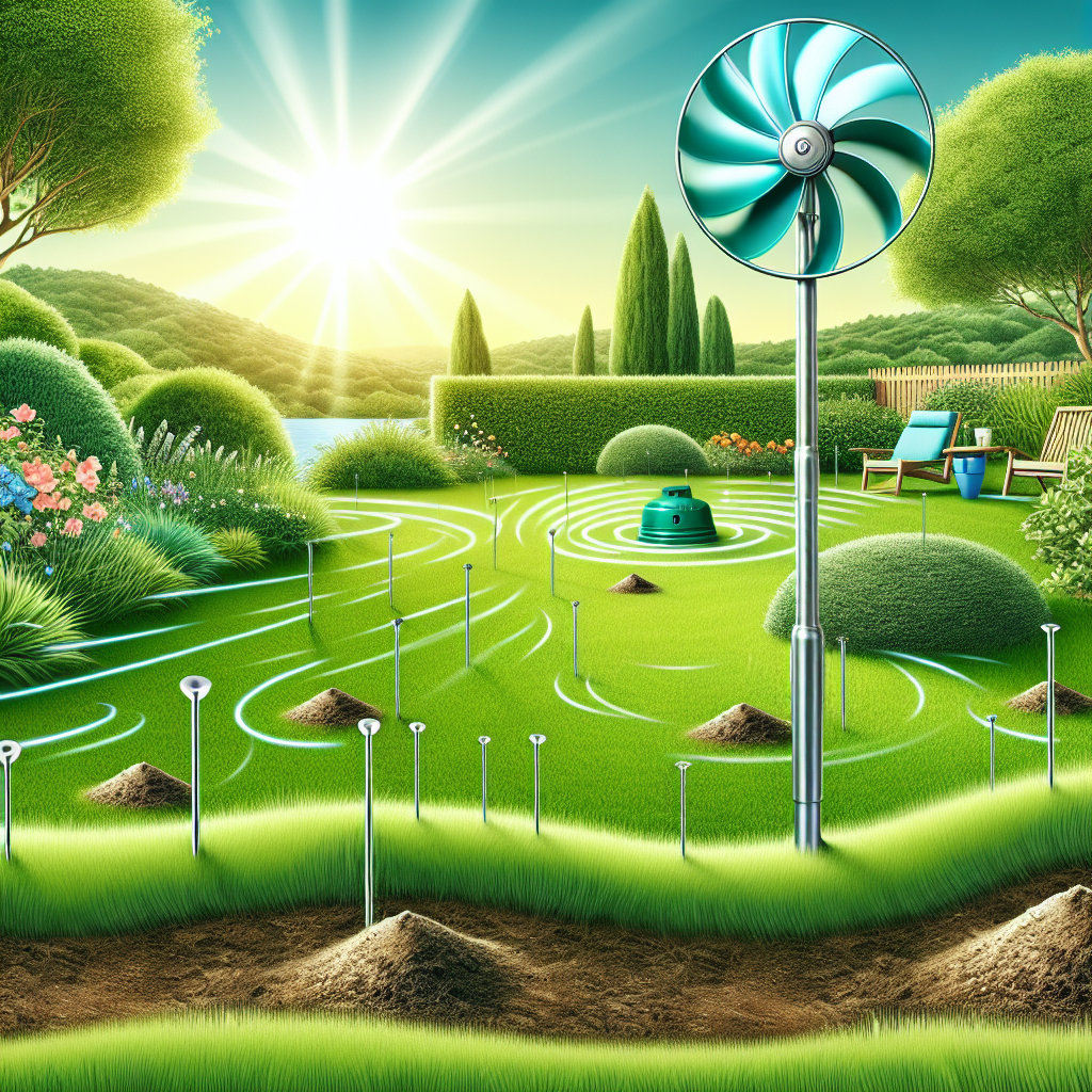 A vivid depiction of a healthy, green, lush garden landscape along with a nearby lawn. There are no humans or brand logos visible. It features a series of mole deterrent tools such as a wind-powered spinner and ultrasonic stakes that are subtly placed without causing visual disruption. Subtle evidence of mole activity like the presence of molehills is scattered across the landscape, but the lawn and garden show no signs of damage. The sun is brightly shining, giving the scene a cheery atmosphere.