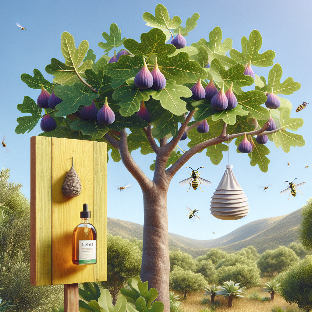 A serene scenic view of a mature fig tree with bright green leaves and ripe purple figs. The tree is surrounded by DIY, non-branded items known to deter wasps such as, a plank of wood painted yellow, a false wasp nest made from a paper bag hanging from a branch, and a diffuser releasing peppermint oil scent, blowing gently with the breeze. Clear blue sky in the backdrop.