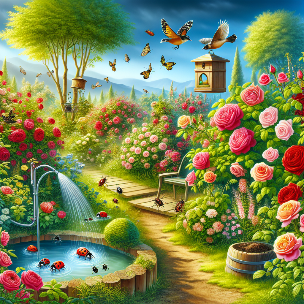 A vibrant image showcasing a glorious garden with various types of healthy and lush roses in full bloom. Among the roses, some natural and eco-friendly strategies to deter aphids are subtly integrated. A small bird feeder hangs from a nearby tree inviting birds for pest control. A stream of water represents spraying water to remove aphids, while the presence of ladybugs serves to demonstrate their role as a natural aphid predator. As a nod to organic gardening, a small compost bin is on the edge of the garden, signifying the use of nutrient-rich soil as a natural aphid deterrent. There's an absence of people or brands in the scene.